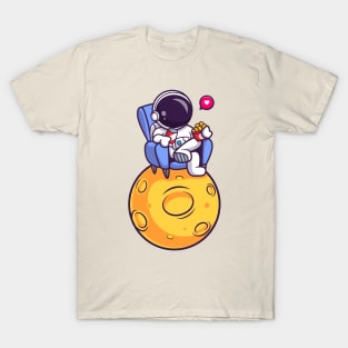 Cute Astronaut Eating Snack On Moon Cartoon T-Shirt